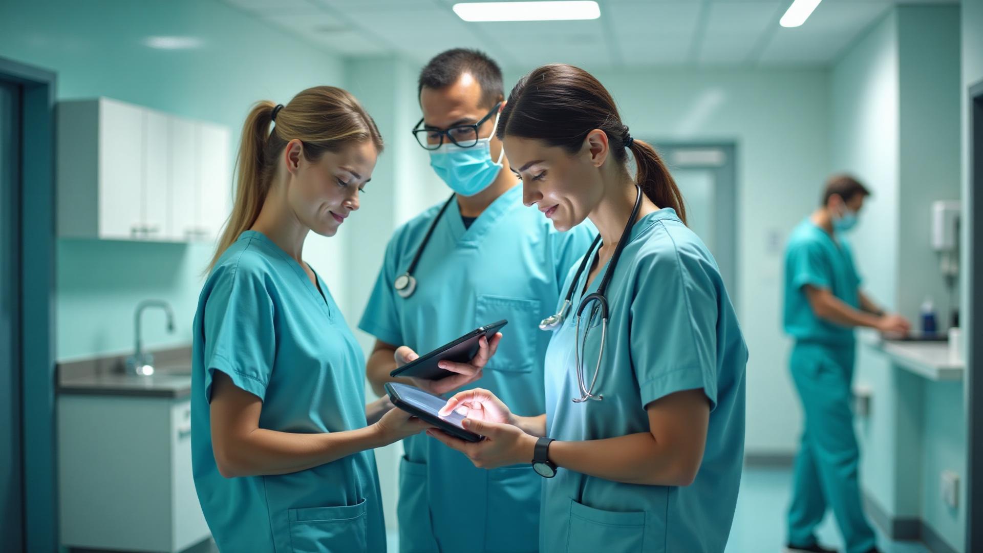 Healthcare professionals collaborating around a tablet